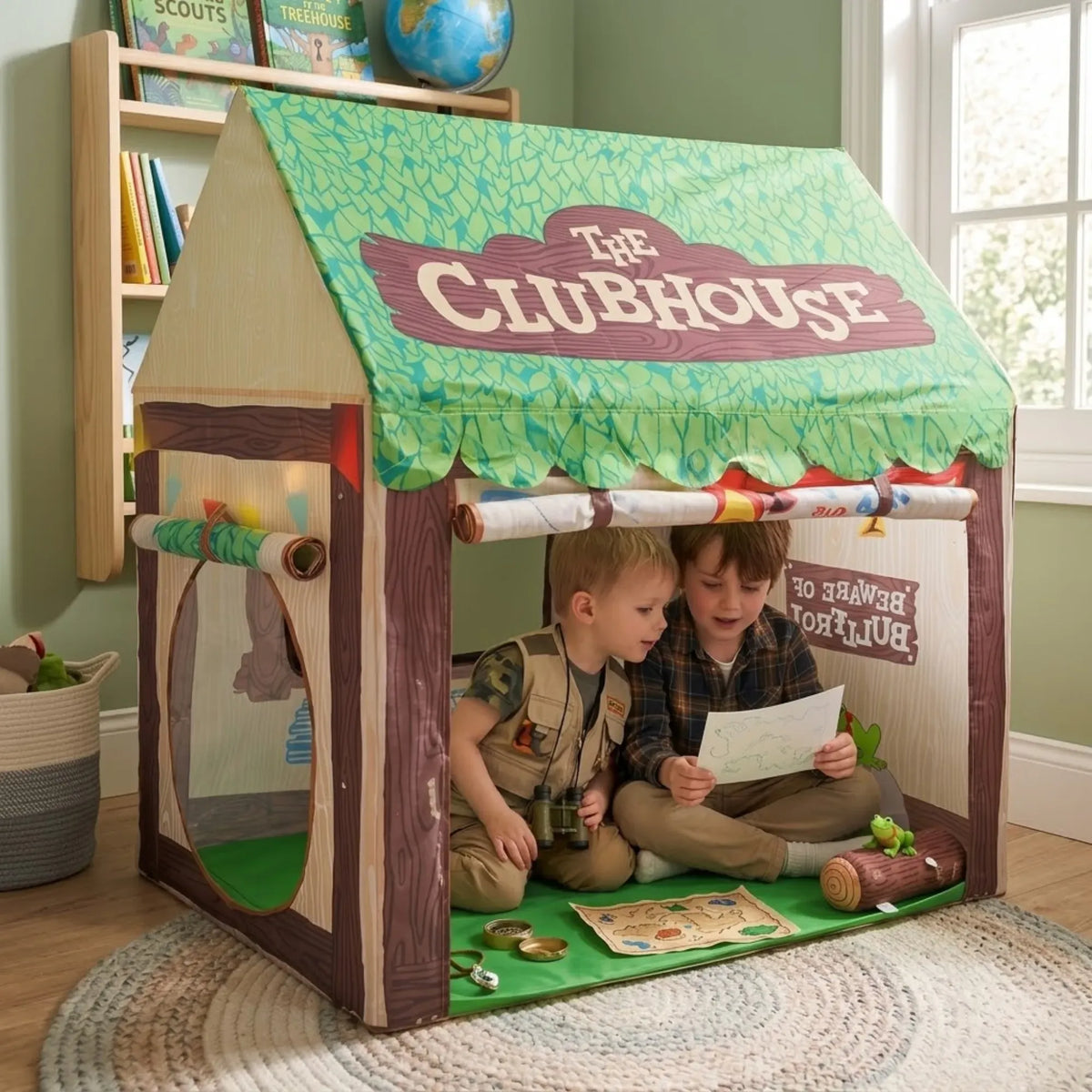 Green Carla Home Kids Clubhouse Play Tent by Everything Baby, outdoor play equipment for kids, featuring a fun, cozy play space.
