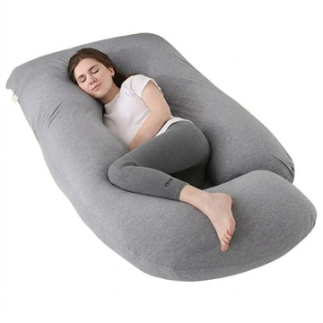 Grey U-shaped pregnancy pillow by Everything Baby offers full body support for nursing and pregnancy comfort.