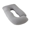 Grey U-shaped pregnancy pillow by Everything Baby, full-body support for pregnancy and nursing, made of soft polyester fabric.