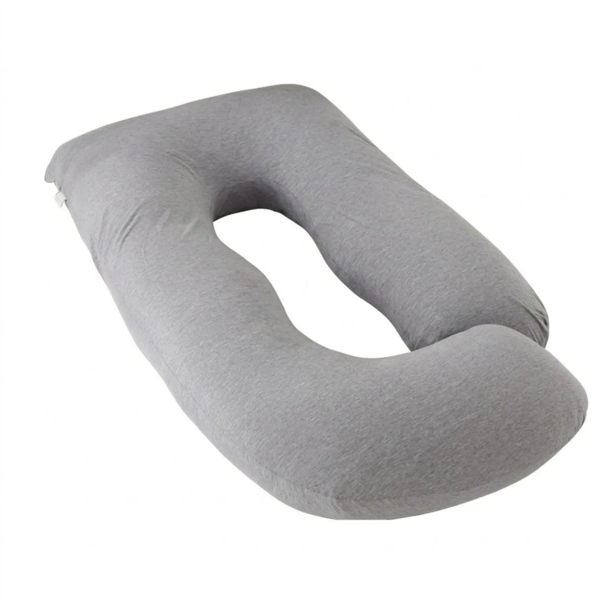 Grey U-shaped pregnancy pillow by Everything Baby, full-body support for pregnancy and nursing, made of soft polyester fabric.