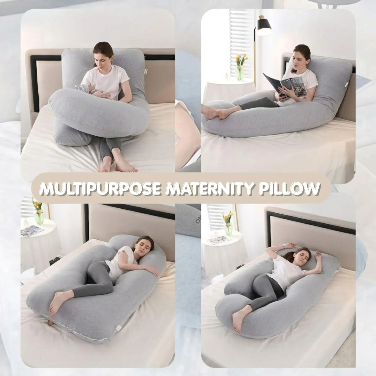 Green Carla Home U-shaped pregnancy pillow made of polyester, full body support for nursing and pregnancy comfort.