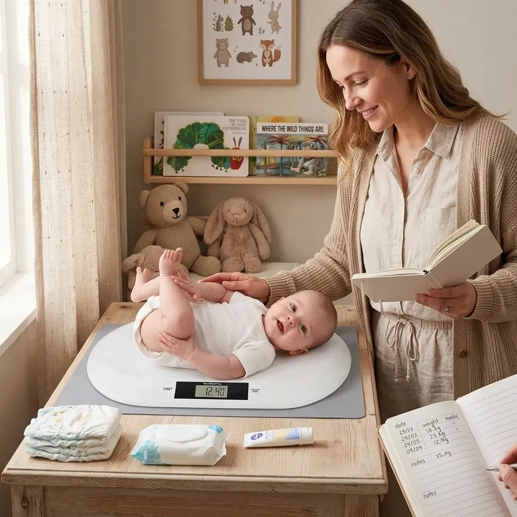 Digital baby scale by Everything Baby with LCD display and tare function, designed for accurate weighing of infants.
