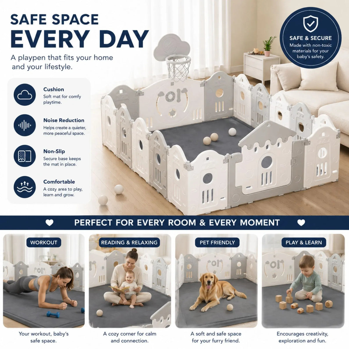 Grey Carla Home baby play mat with thick foam, 100x150cm crawling mat for infants, ideal for safe play and tummy time.