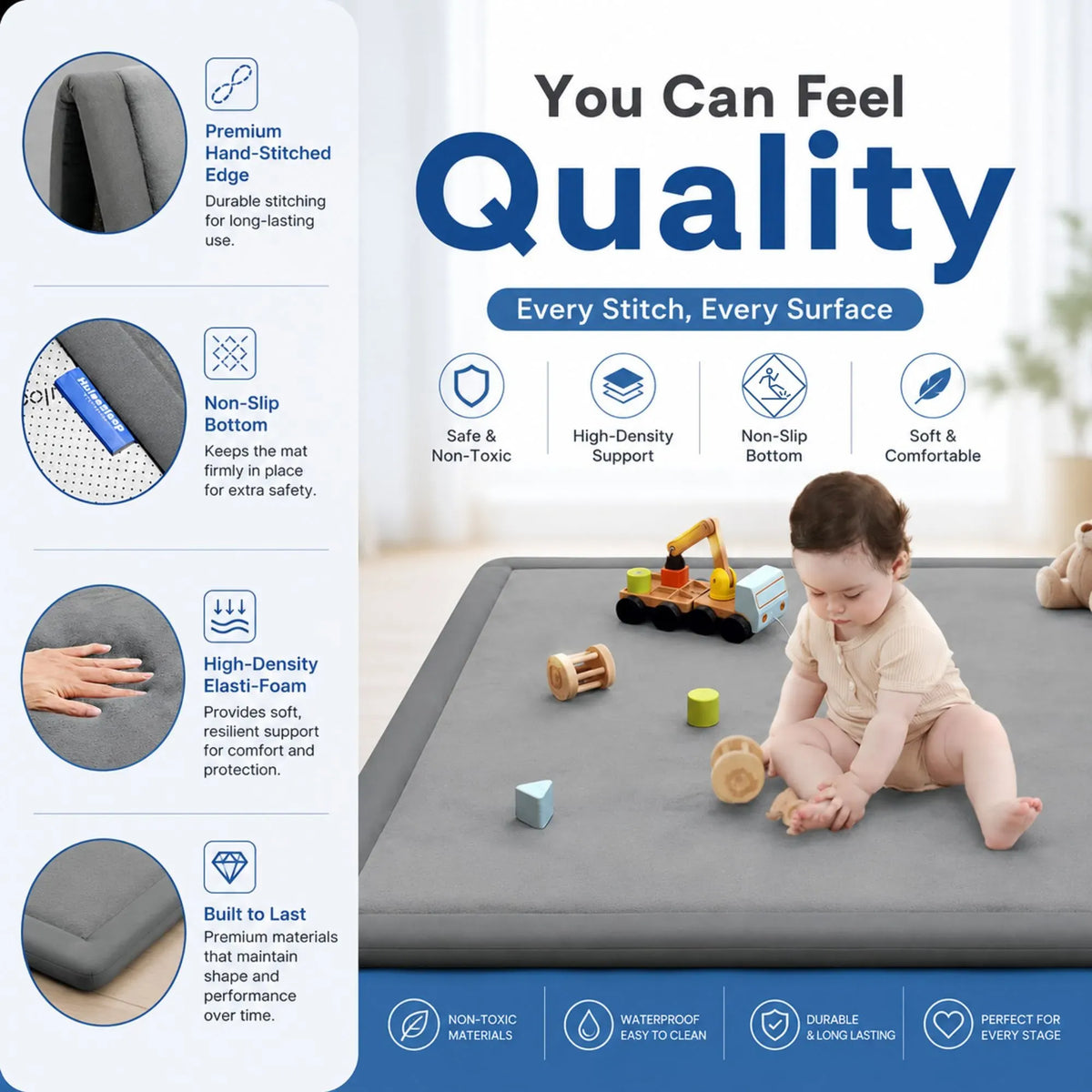 Grey Carla Home baby play mat 100x150cm with thick foam for infants, perfect for crawling and tummy time.