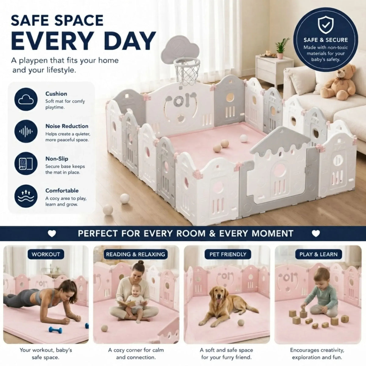 Pink Carla Home baby play mat with thick foam, 150x200cm crawling and activity mat for infants, from Everything Baby.
