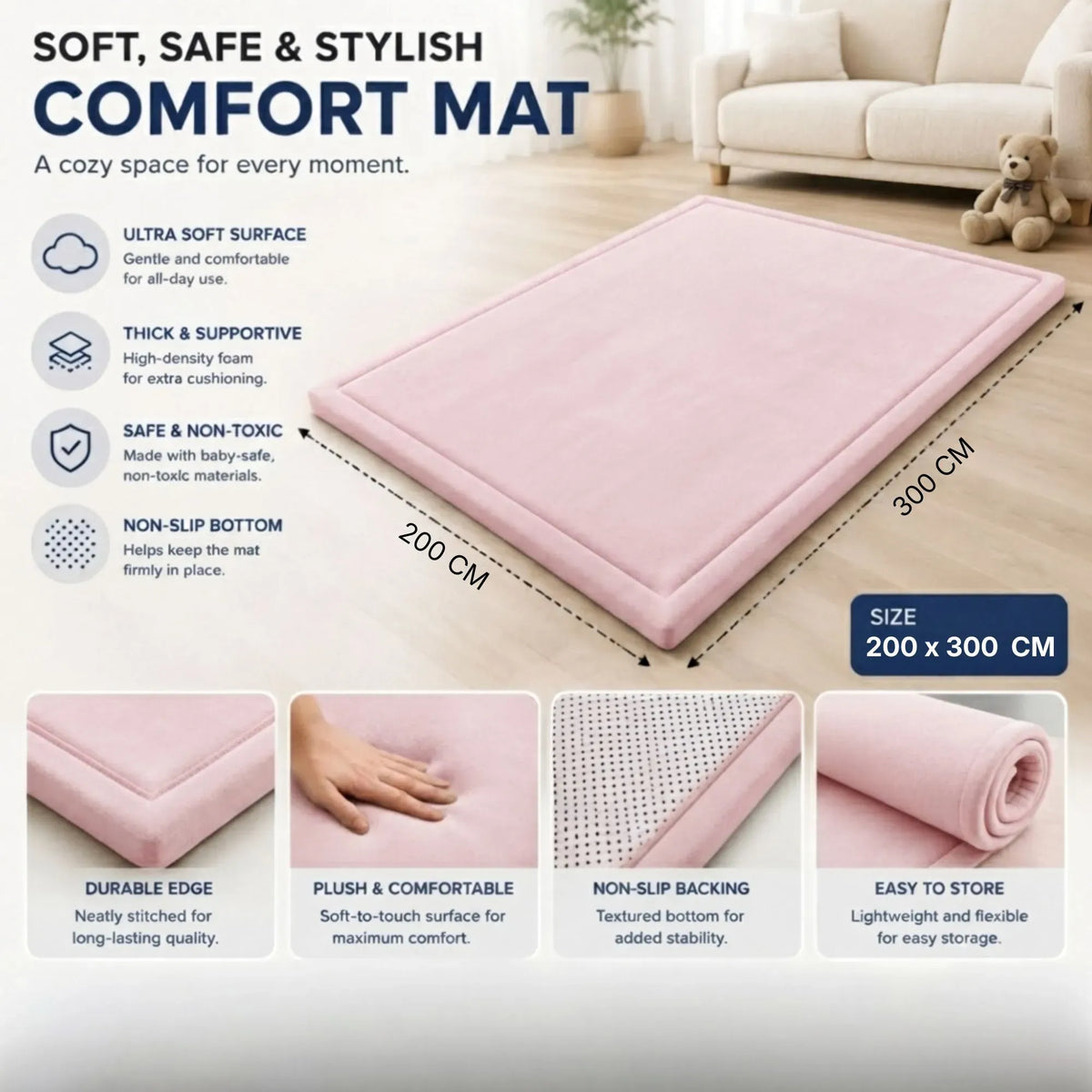 Pink Carla Home baby play mat made of thick foam, 200x300cm crawling activity mat for infants and toddlers.
