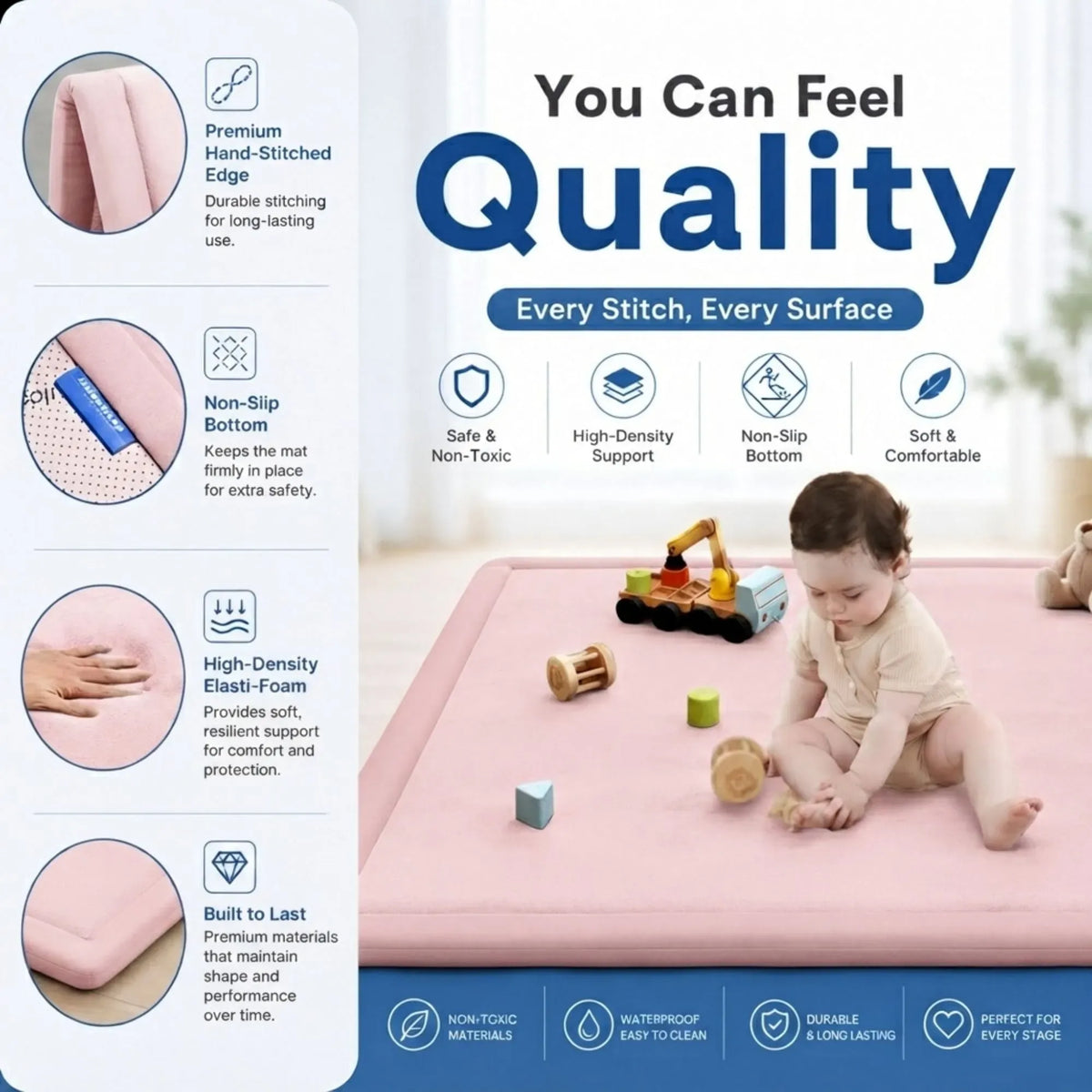 Pink Carla Home baby play mat, 200x300cm thick foam crawling mat for infants, featuring colorful activity toys and soft surface.