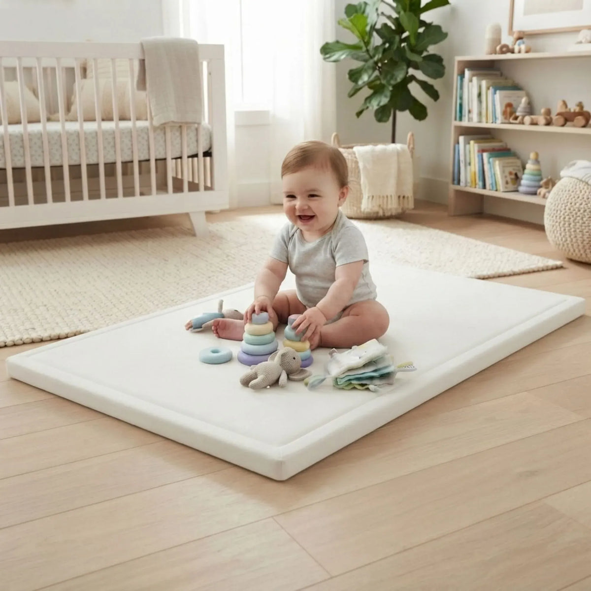 White Carla Home baby play mat with thick foam, 150x200cm crawling and activity mat for infants, by Everything Baby.