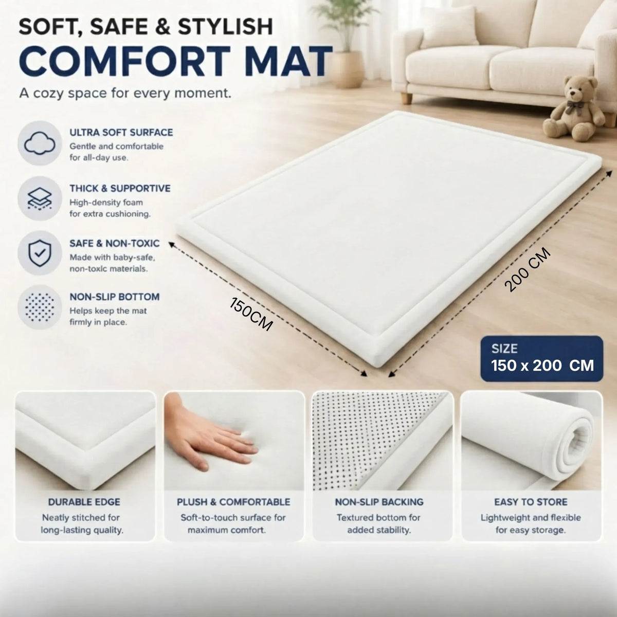 White Carla Home baby play mat with thick foam, 150x200cm crawling and activity mat for infants and toddlers.