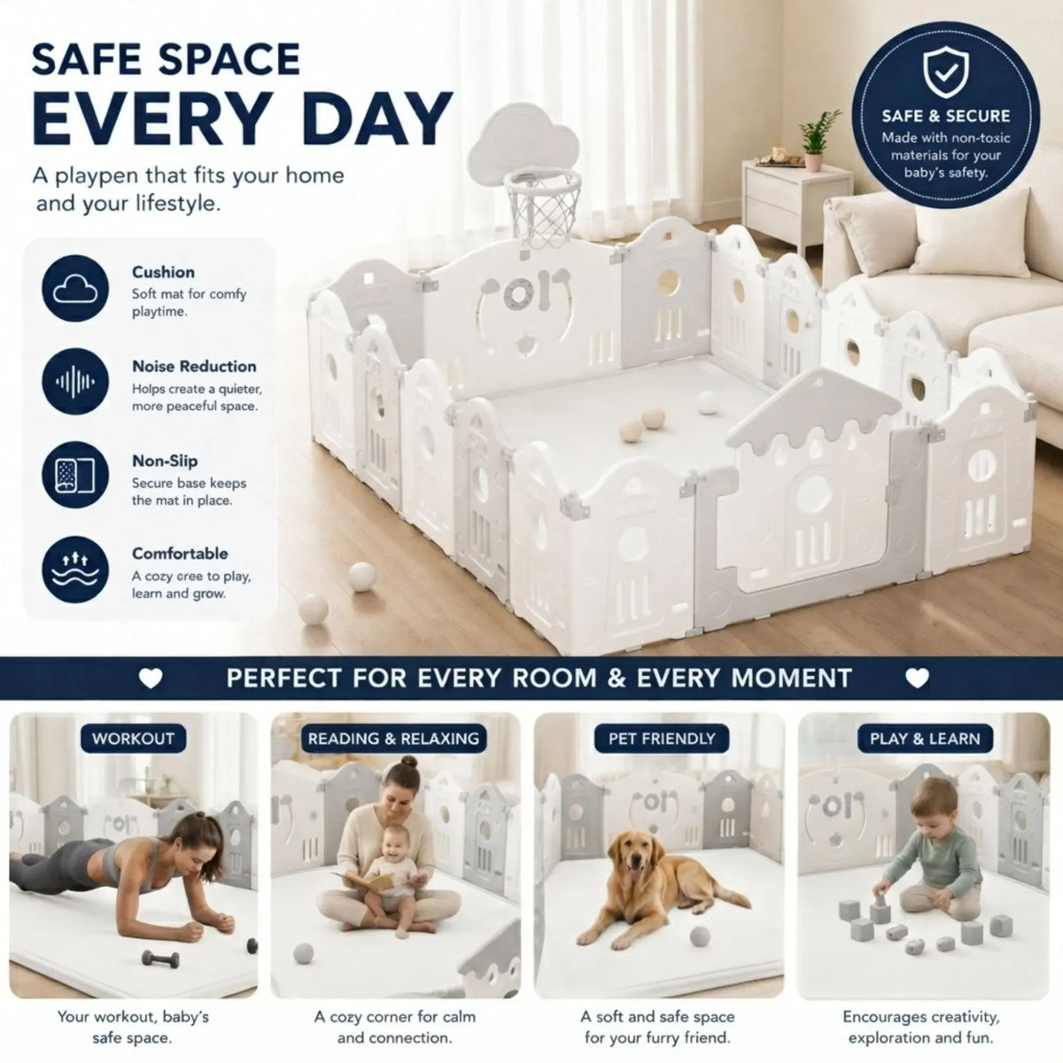 White Carla Home baby play mat with thick foam, 150x200cm crawling and activity mat for infants, from Everything Baby.
