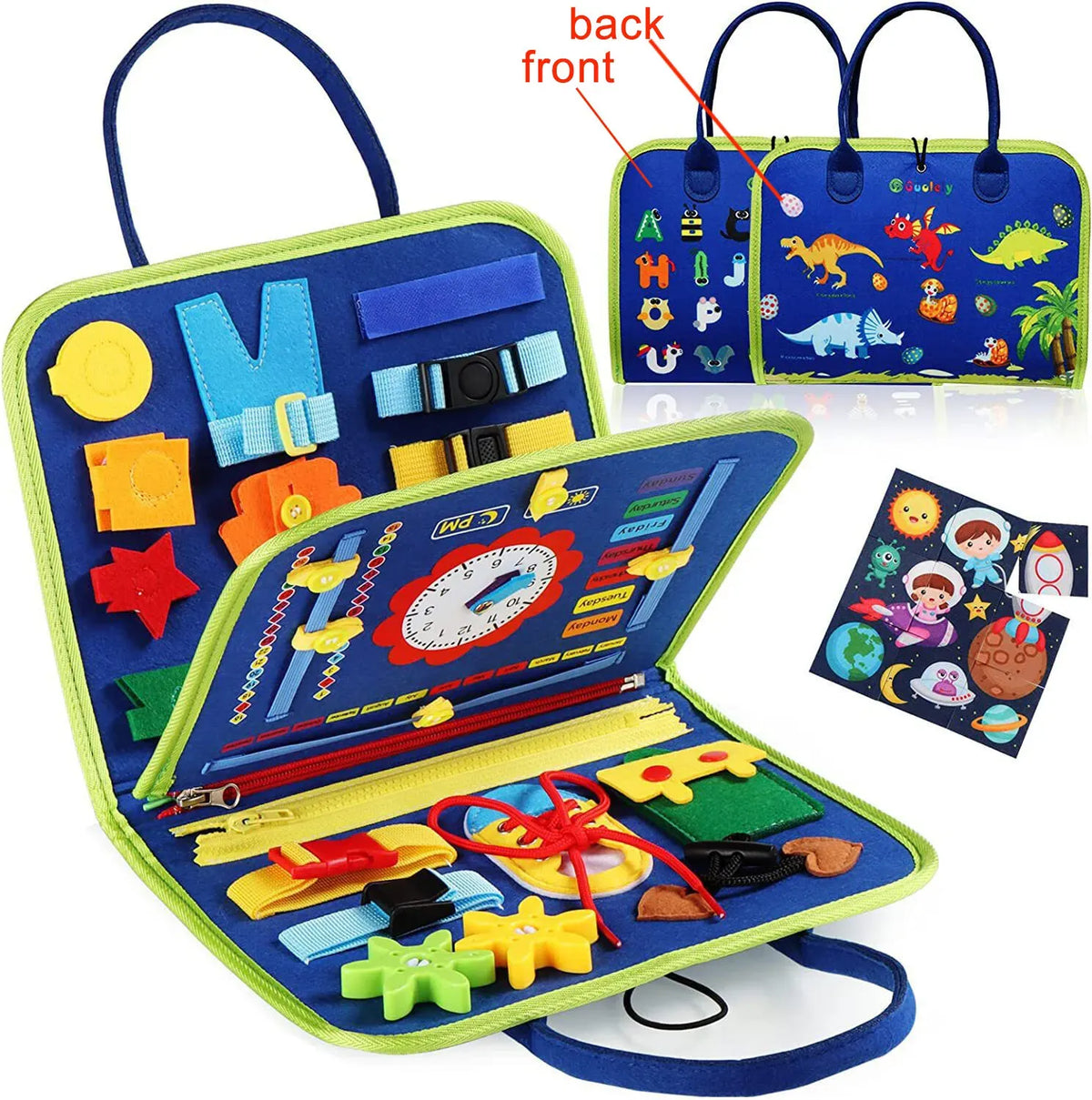 Multicolour Montessori busy board for toddlers by Everything Baby, blue sensory activity toy, 70.1x27.94cm for early learning.