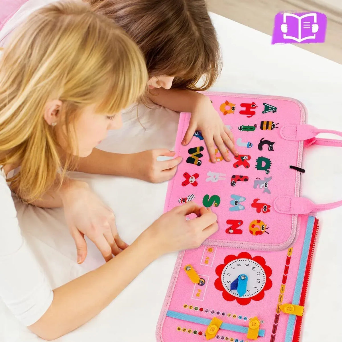 Multicolour Montessori busy board for toddlers, blue sensory learning toy with various activity elements, by Everything Baby.