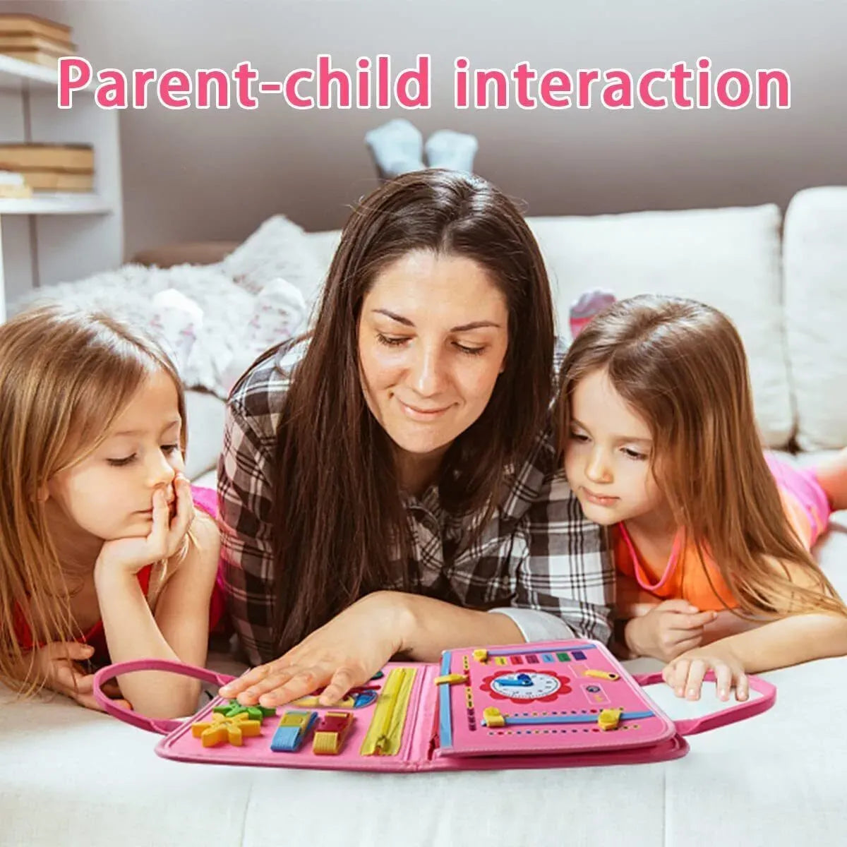 Multicolour Montessori busy board for toddlers featuring sensory activity toys, blue plastic with various interactive elements.