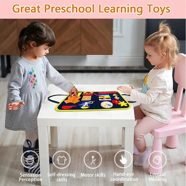 Colorful Montessori busy board for toddlers by Everything Baby, sensory learning activity toy with multiple textures and engaging components.