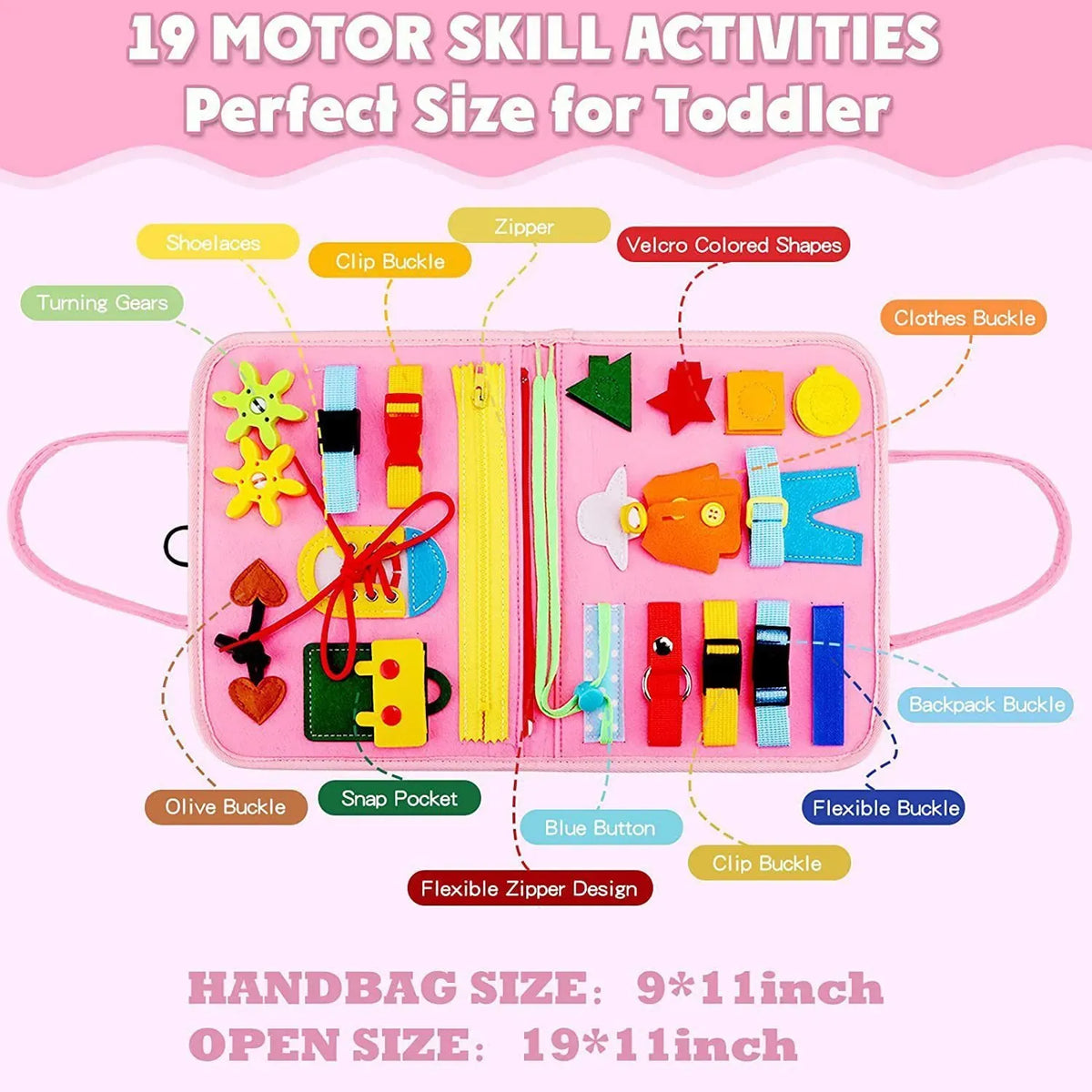 Multicolour Montessori busy board for toddlers, sensory activity toy in blue, 70.1x27.94cm, designed for early learning.