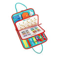 Multicolour Montessori sensory busy board for kids with various tactile and musical activities, designed for early learning and play.