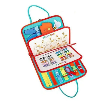 Multicolour Montessori sensory busy board for kids with various tactile and musical activities, designed for early learning and play.
