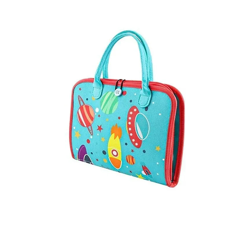 Multicolour Montessori sensory busy board for kids, featuring colorful buttons, zippers, laces, and sensory activities by Everything Baby.