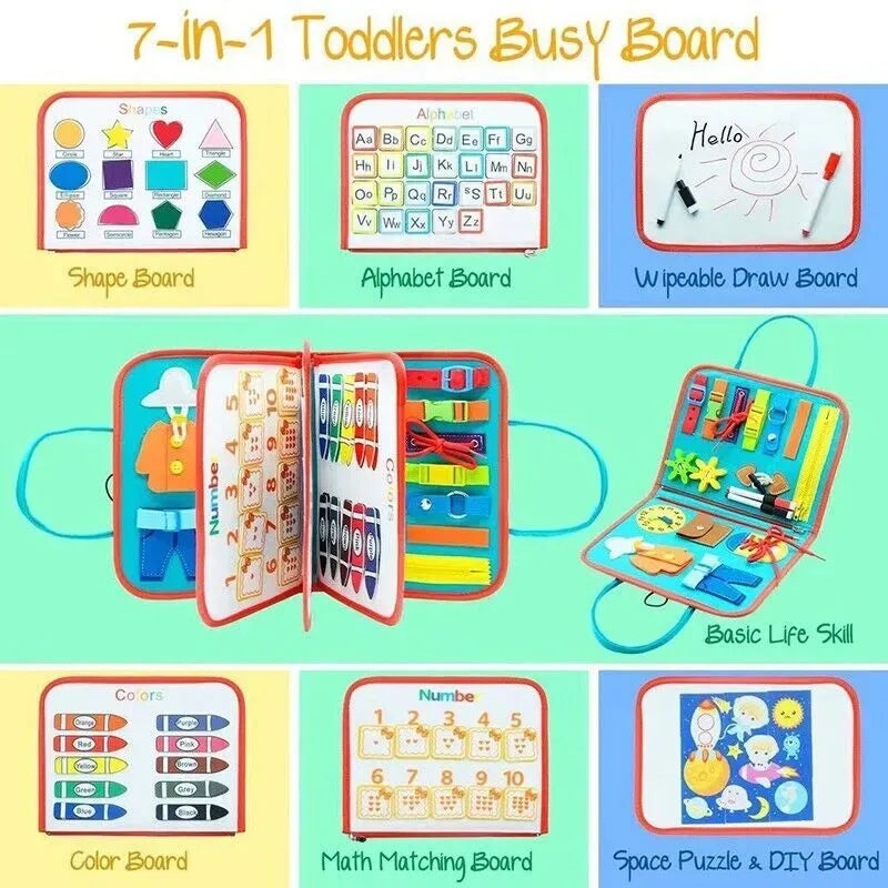 Multicolour Montessori sensory busy board for kids, featuring various interactive learning toys by Everything Baby.