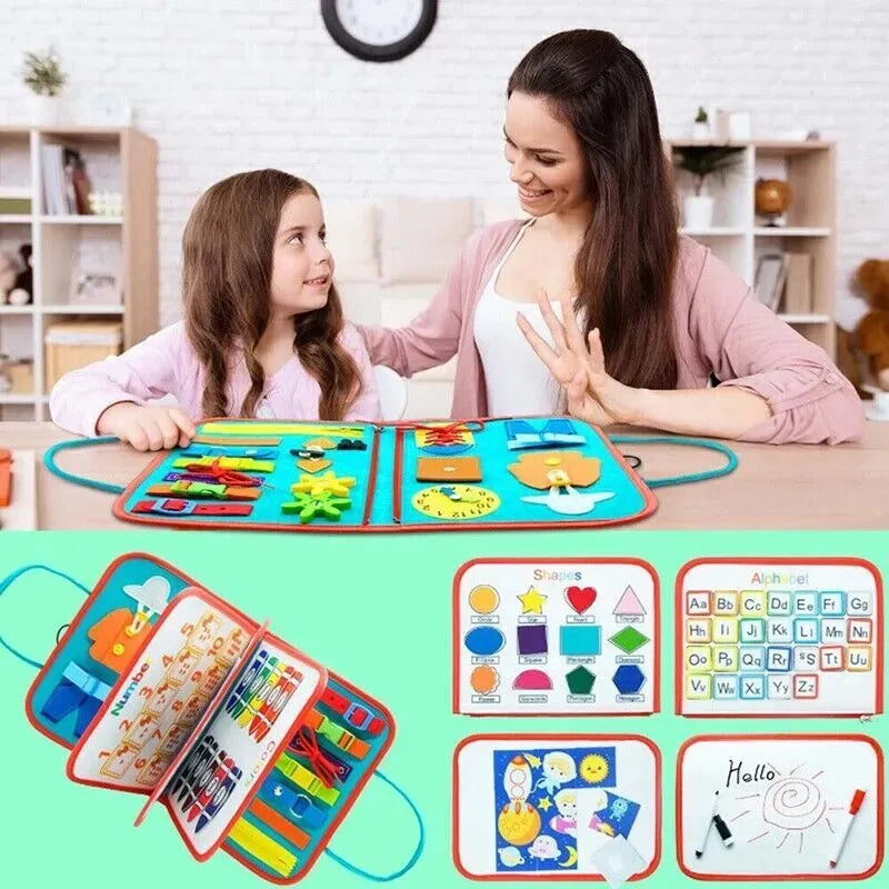 Colorful Montessori sensory busy board for kids featuring various tactile and musical elements, designed for early learning and play.
