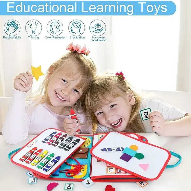 Multicolour Montessori sensory busy board for kids featuring various tactile and musical learning activities by Everything Baby.