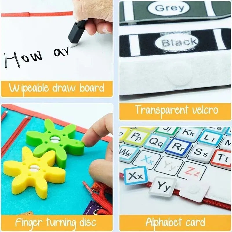 Multicolour Montessori sensory busy board for kids, featuring colorful educational activities and musical elements for early learning.