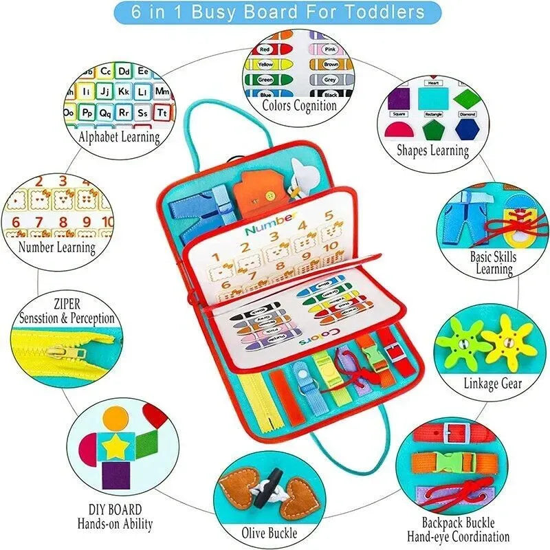 Multicolour Montessori sensory busy board for kids, with various tactile and musical features, designed for early learning and development.