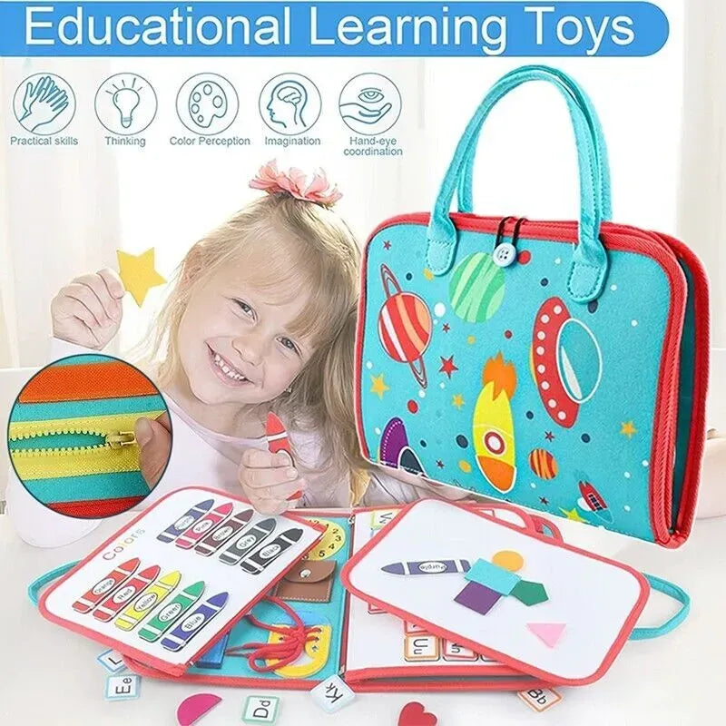 Colorful Montessori sensory busy board for kids featuring various tactile and musical learning activities by Everything Baby.