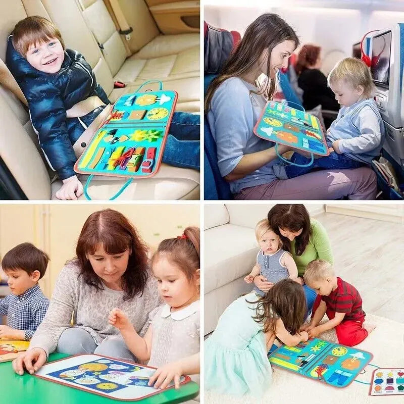 Colorful Montessori sensory busy board for kids featuring various tactile and musical elements for early learning and development.