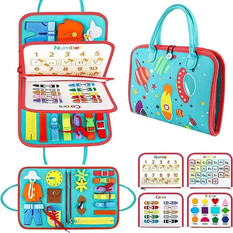 Multicolour Montessori sensory busy board for kids, featuring various tactile and musical learning activities for children.