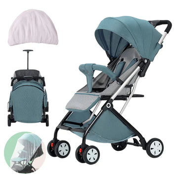 Lightweight blue baby stroller by Everything Baby, compact pram with easy fold, dimensions 66x49x97cm, ideal for travel.