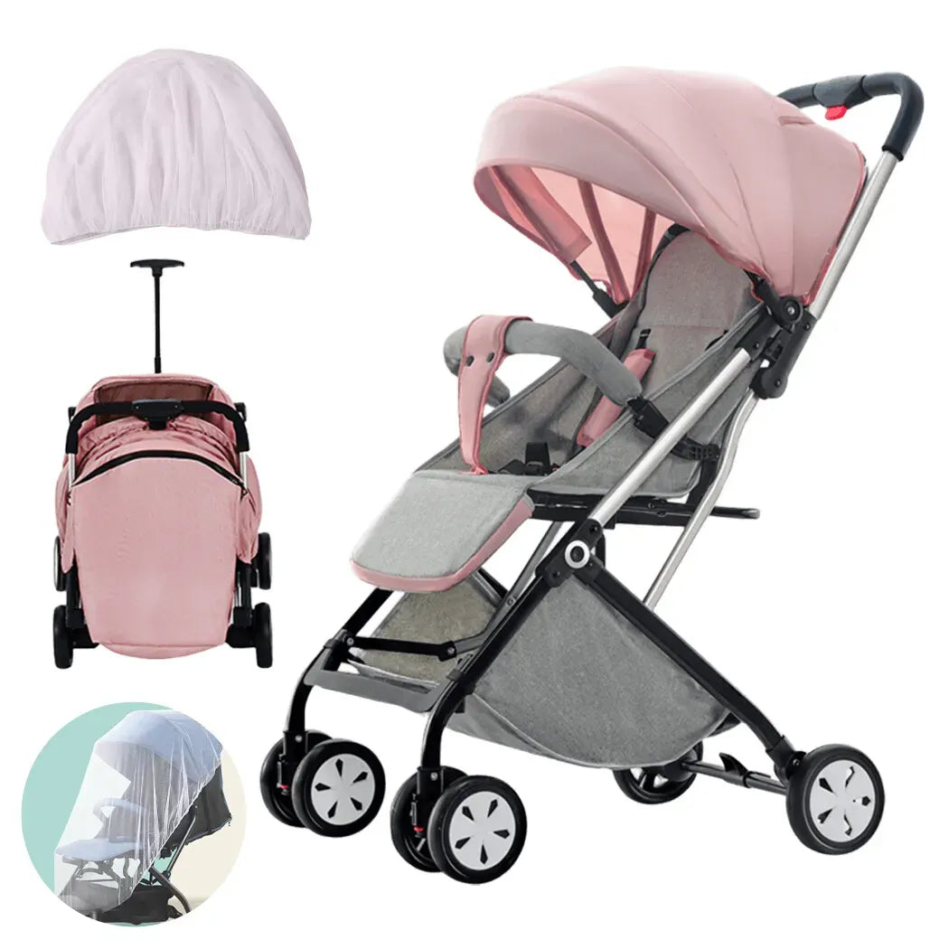 Pink lightweight compact baby stroller by Everything Baby, easy fold pram suitable for ages 0-5 years, ideal for travel and daily use.