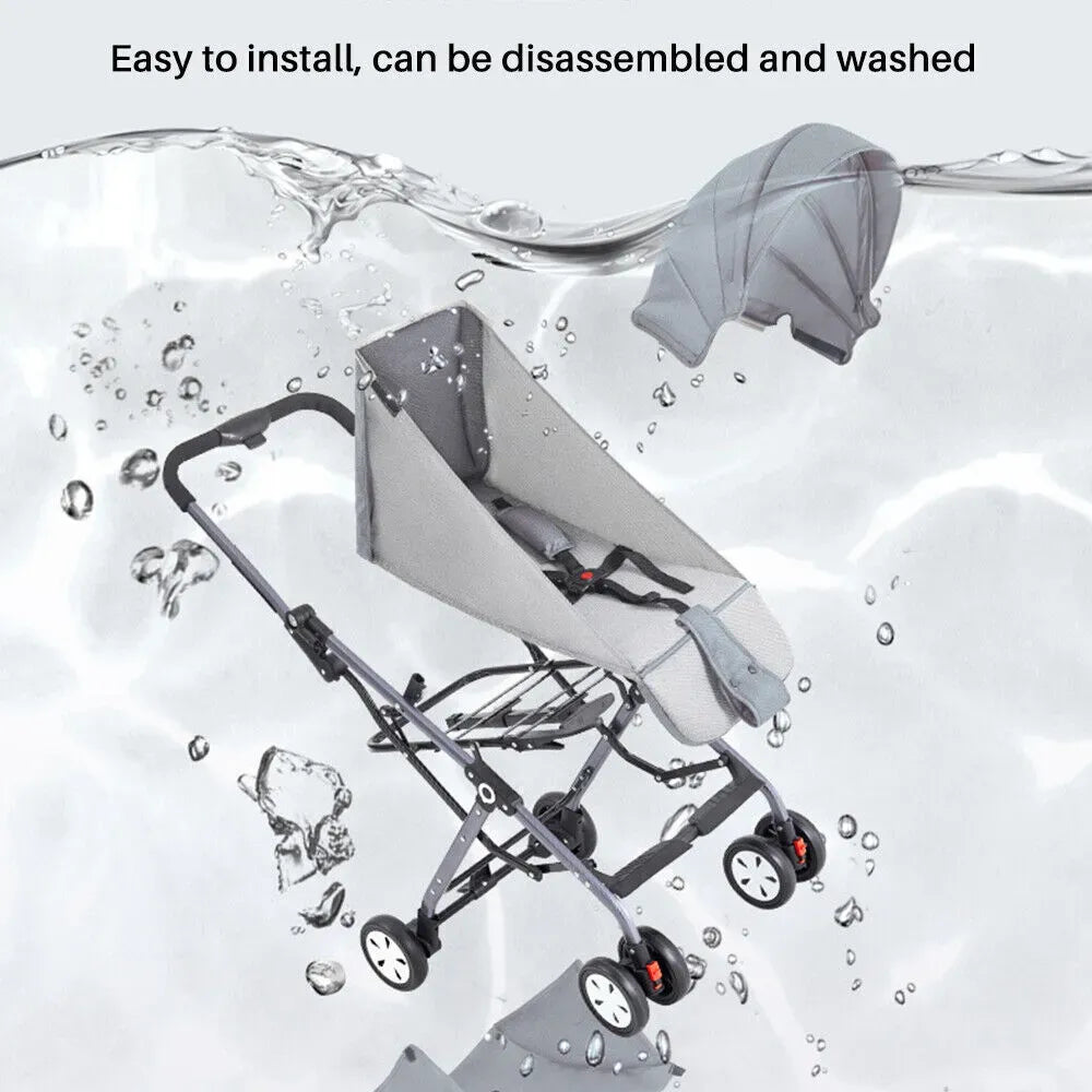 Lightweight black and grey foldable baby stroller with compact travel design by Everything Baby, suitable for infants and toddlers.