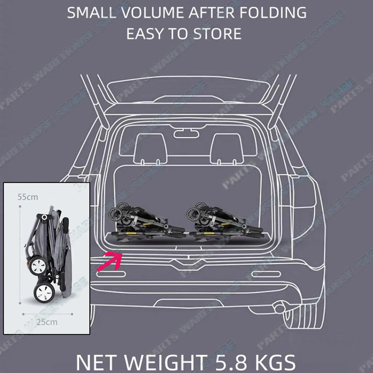Lightweight compact baby stroller in black and grey by Everything Baby, foldable travel pram for easy portability and comfort.