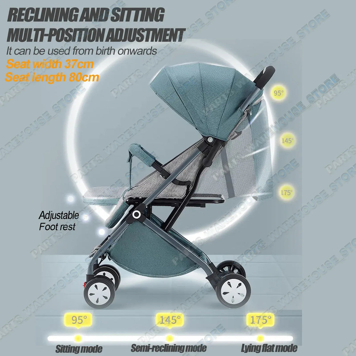 Black and grey lightweight compact baby stroller by Everything Baby, foldable travel pram with a sleek design for easy transport.