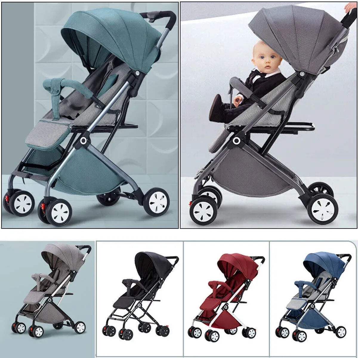 Lightweight compact baby stroller by Everything Baby in black and grey, foldable travel pram with easy maneuverability.
