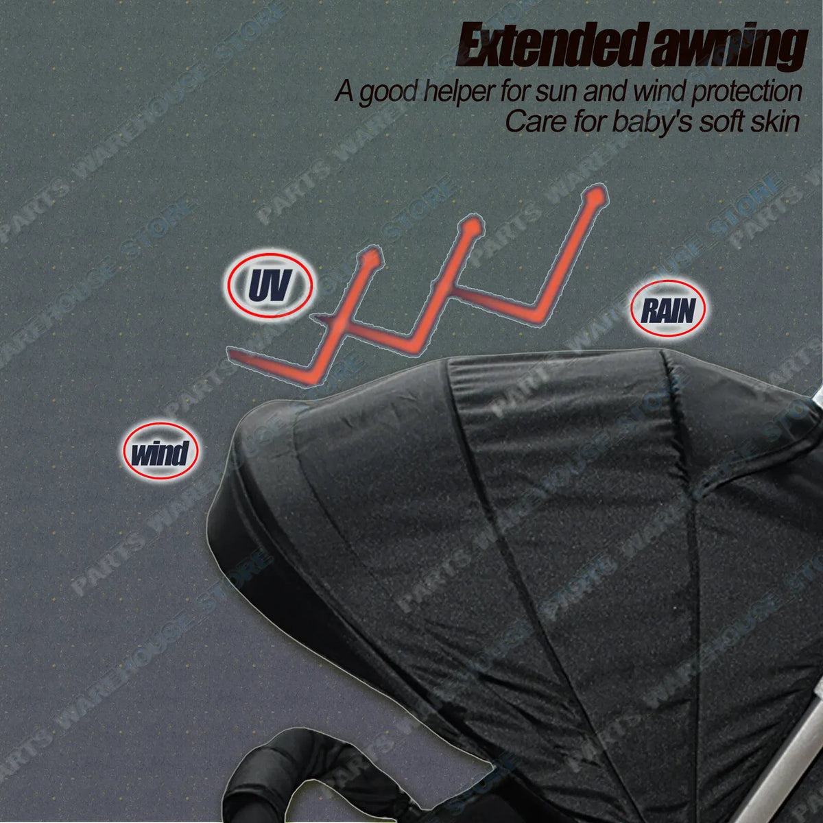 Black and grey lightweight compact baby stroller by Everything Baby, foldable travel pram for easy transport and comfort.