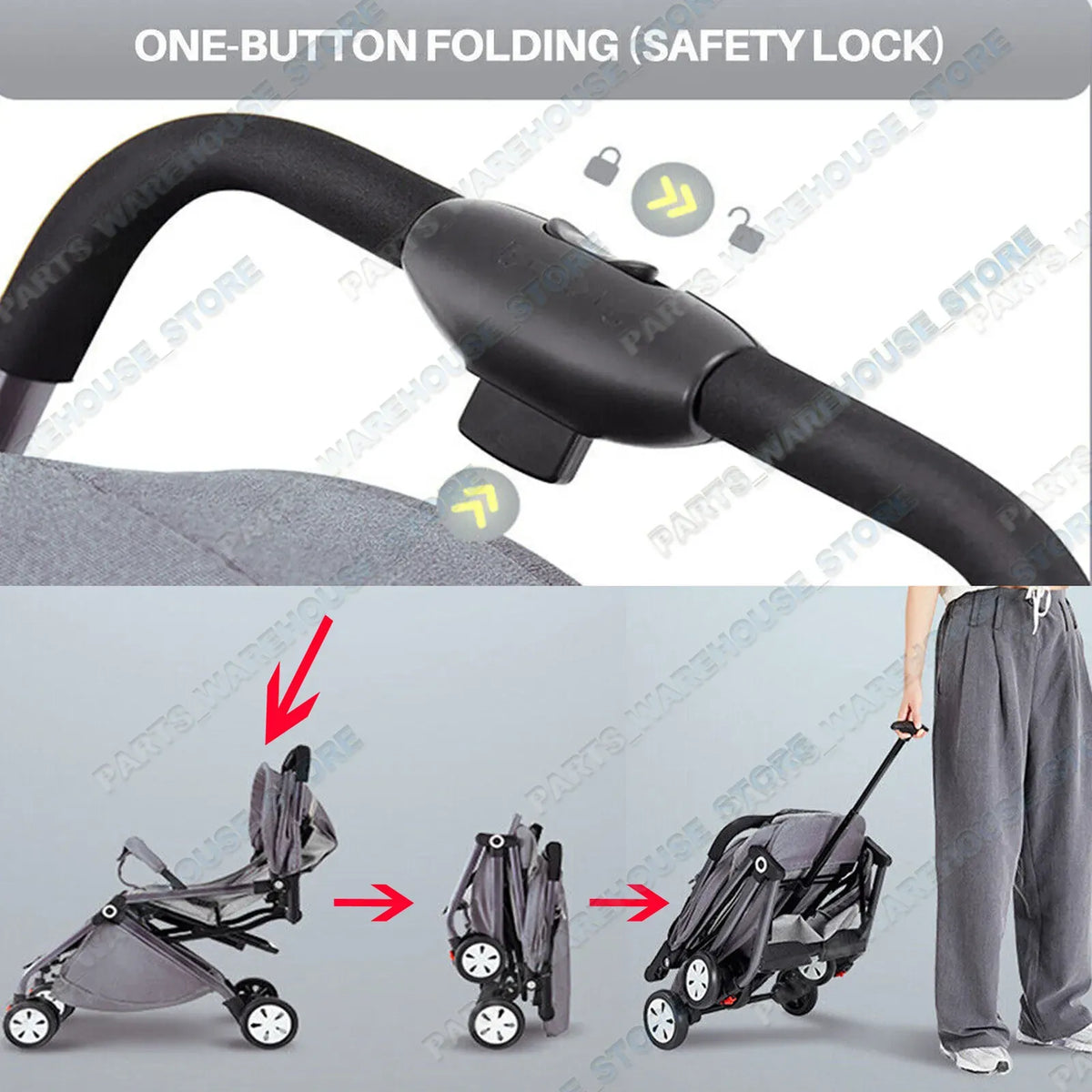 Lightweight compact baby stroller in black and grey with foldable travel design from Everything Baby, suitable for infants and toddlers.