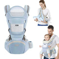 Light green blue 6-in-1 adjustable baby carrier with hip seat by Everything Baby, suitable for newborns and toddlers.