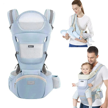Light green blue 6-in-1 adjustable baby carrier with hip seat by Everything Baby, suitable for newborns and toddlers.