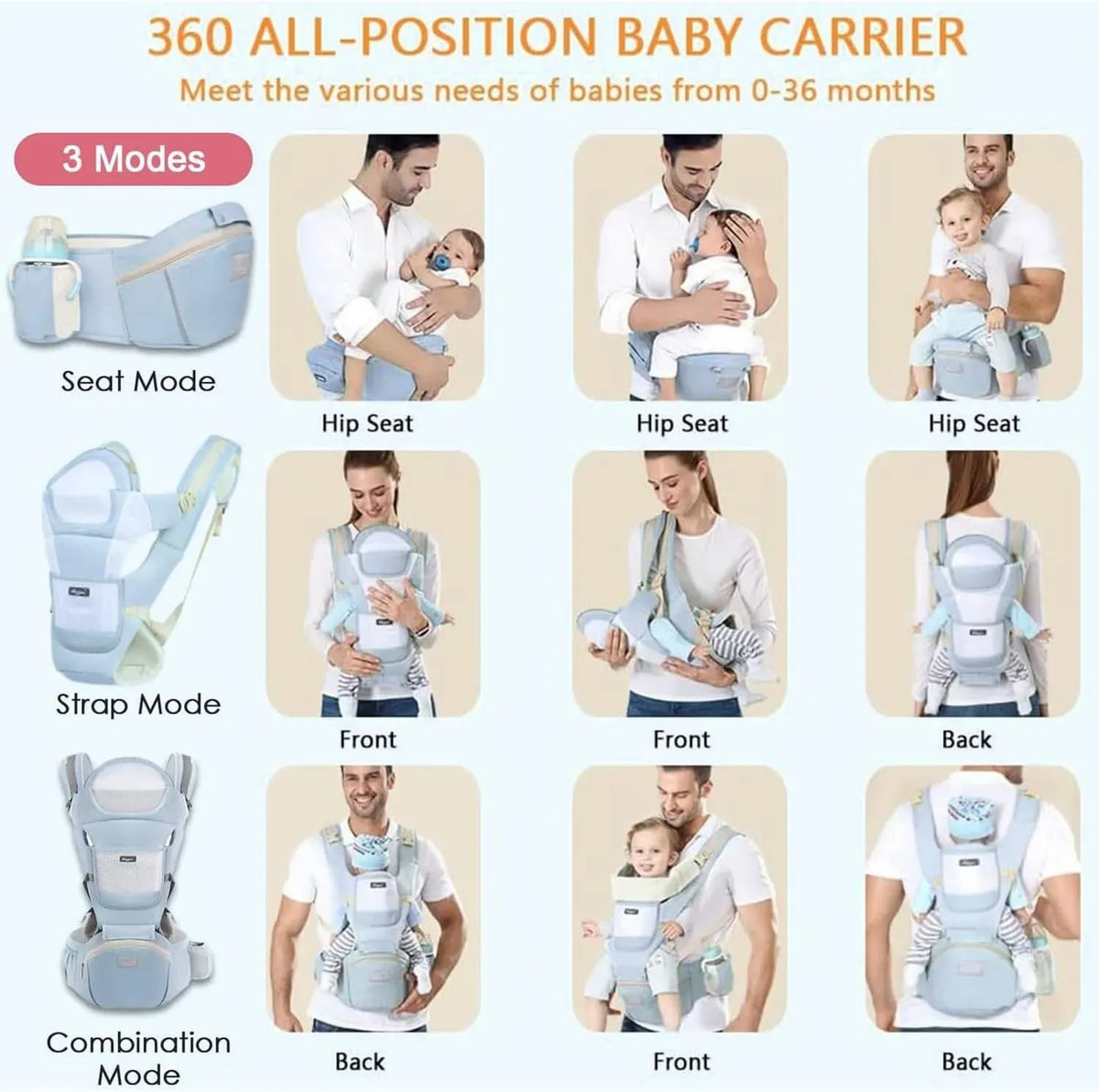 Blue 6-in-1 adjustable baby carrier with hip seat from Everything Baby, designed for newborns and toddlers in light green.