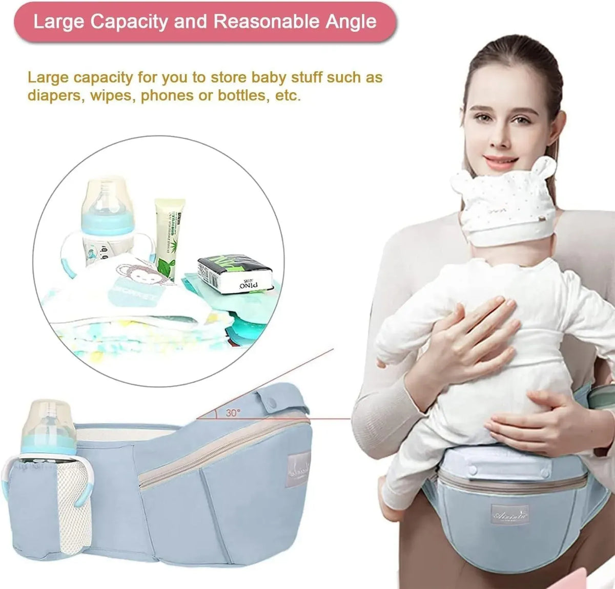 Light green Blue 6-in-1 adjustable baby carrier with hip seat by Everything Baby, suitable for newborns and toddlers 3-36 months.