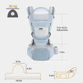 Light green blue 6-in-1 adjustable baby carrier with hip seat by Everything Baby, suitable for newborns and toddlers, front and back views.