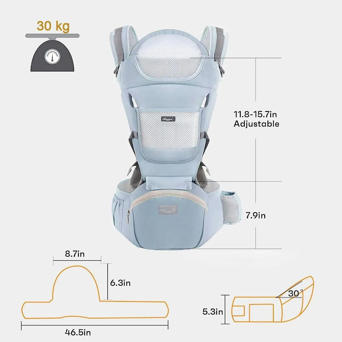 Light green blue 6-in-1 adjustable baby carrier with hip seat by Everything Baby, suitable for newborns and toddlers, front and back views.