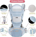 Light green Blue 6 in 1 adjustable baby carrier with hip seat by Everything Baby, for newborns and toddlers 3-36 months, front view.