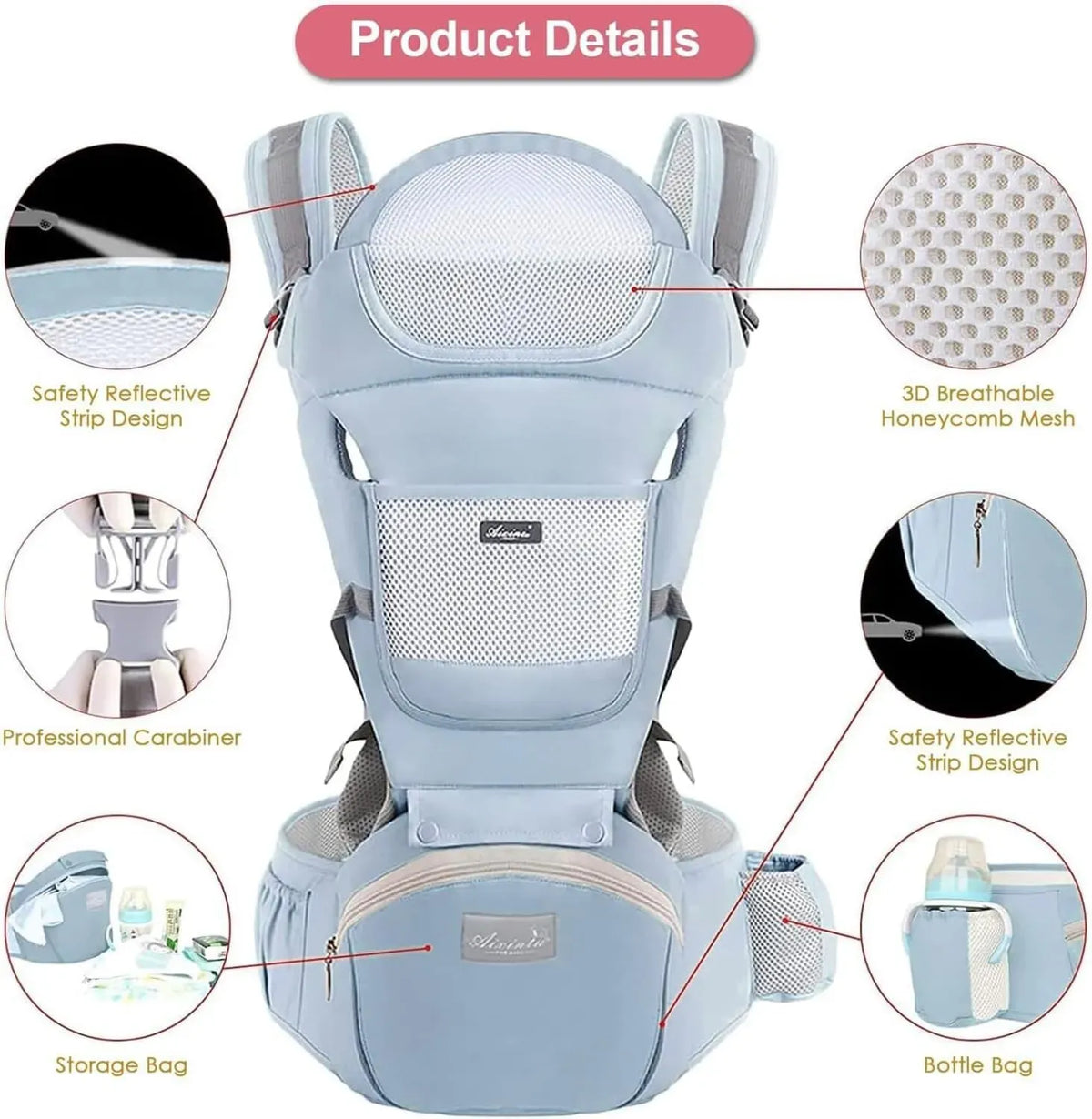 Light green Blue 6 in 1 adjustable baby carrier with hip seat by Everything Baby, for newborns and toddlers 3-36 months, front view.