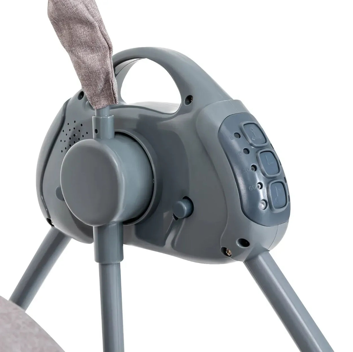 Blue auto-swing electric baby crib cradle with Bluetooth, lullabies, and activity features, designed for infants and toddlers.