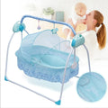 Auto-swing electric baby crib cradle in blue with Bluetooth and lullabies, designed for soothing infants and gentle rocking.