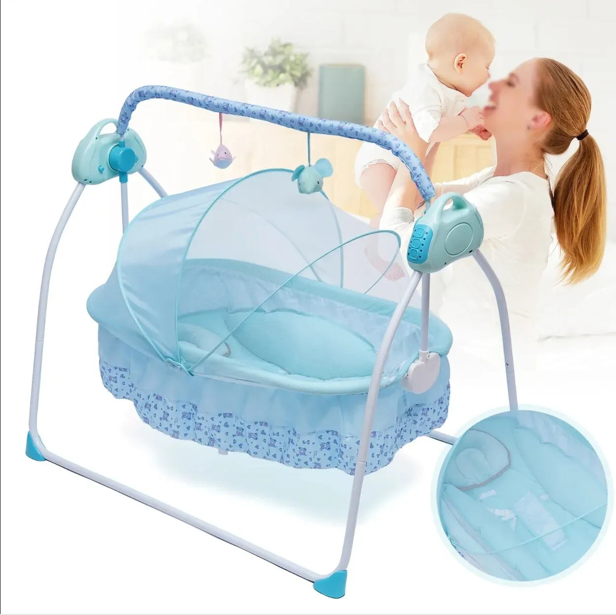 Auto-swing electric baby crib cradle in blue with Bluetooth and lullabies, designed for soothing infants and gentle rocking.