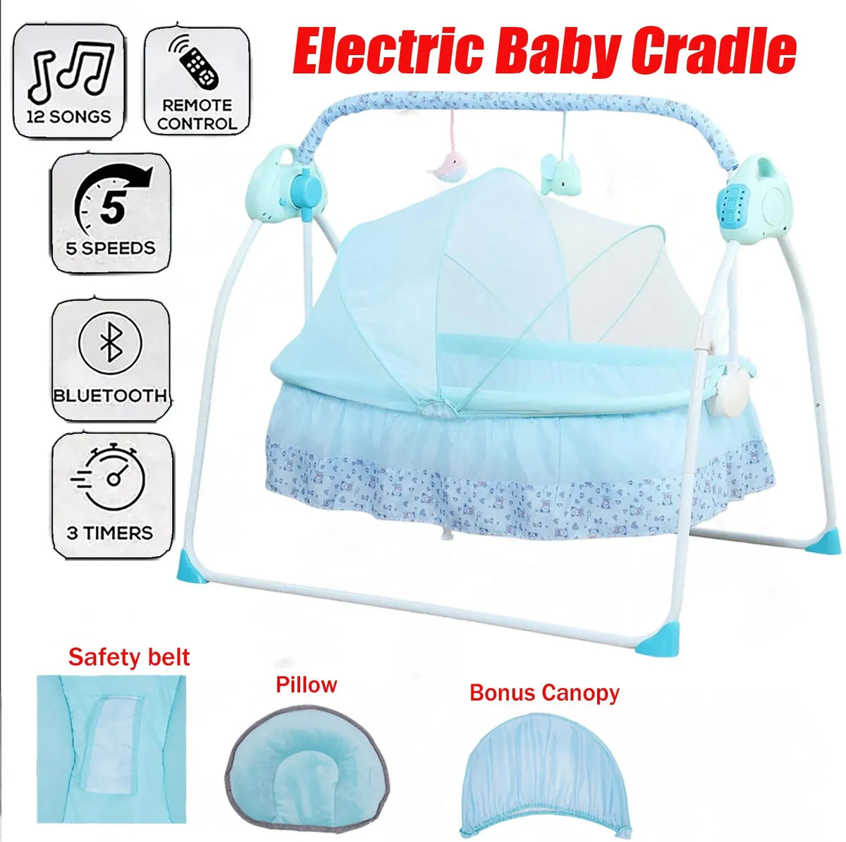 Blue auto-swing electric baby crib cradle with Bluetooth and lullabies, designed for infant comfort and soothing relaxation.